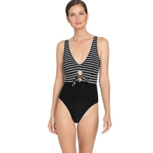 Robin Piccone Sailor Striped Bathing suit Front Tie Swimsuit Black White SZ 6 - Picture 1 of 2